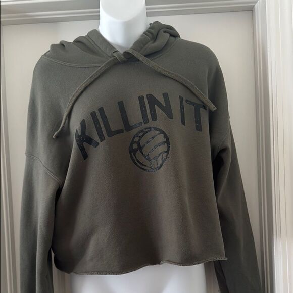 Olive Green 'Killin It' Cropped Volleyball Hoodie Size L - Picture 1 of 7